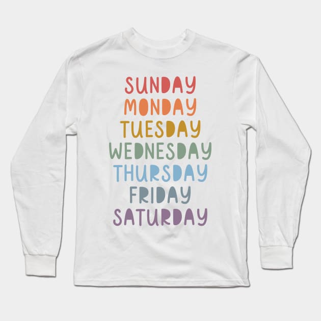 Days of The Week in Muted Boho Rainbow Colors for Kids Long Sleeve T-Shirt by hwprintsco